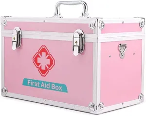 Lockable Medical Storage Box, Portable First Aid Kit with Removable Tray, Two-Layer Emergency Survival Kit Bag, Pink Alloy Case(12ih)