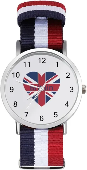 Love Britain British Heart Unisex Watch Lightweight Breathable Woven Nylon Wrist Strap Watch with Metal Buckle