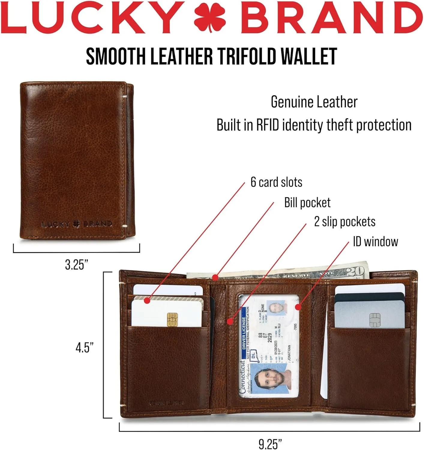 Lucky Brand Men's Trifold Wallet | Id Window | Card Slots | Leather | Organization | Durable | Stylish