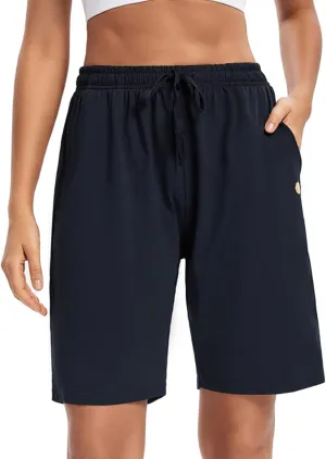 LUCKYCATCUS Women's Bermuda Shorts Jersey Shorts with Pockets Yoga Walking Athletic Long Shorts for Women Knee Length