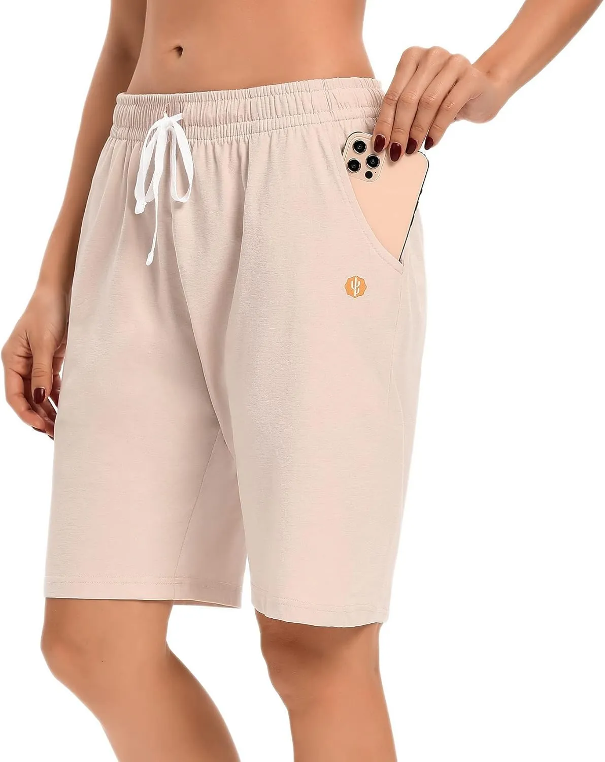 LUCKYCATCUS Women's Bermuda Shorts Jersey Shorts with Pockets Yoga Walking Athletic Long Shorts for Women Knee Length