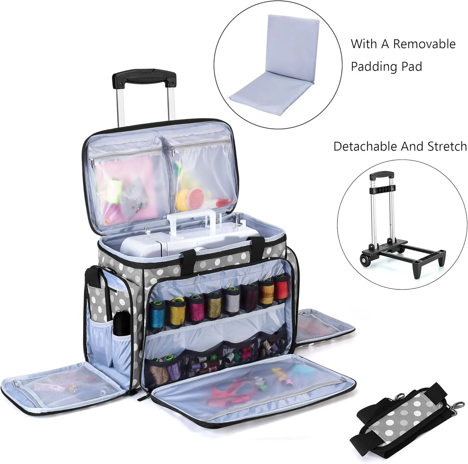 LUXJA Sewing Machine Case with Detachable Dolly, Rolling Sewing Machine Tote with Removable Bottom Pad (Fits for Most Standard Sewing Machines), Gray Dots (Patented Design)