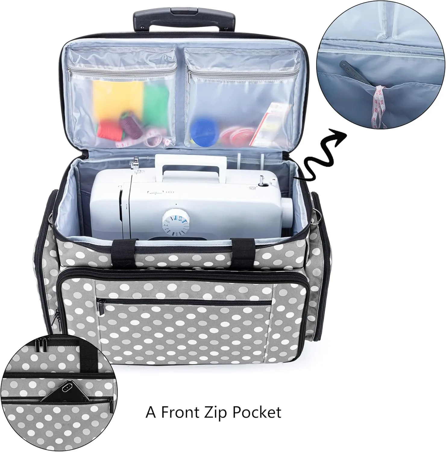 LUXJA Sewing Machine Case with Detachable Dolly, Rolling Sewing Machine Tote with Removable Bottom Pad (Fits for Most Standard Sewing Machines), Gray Dots (Patented Design)