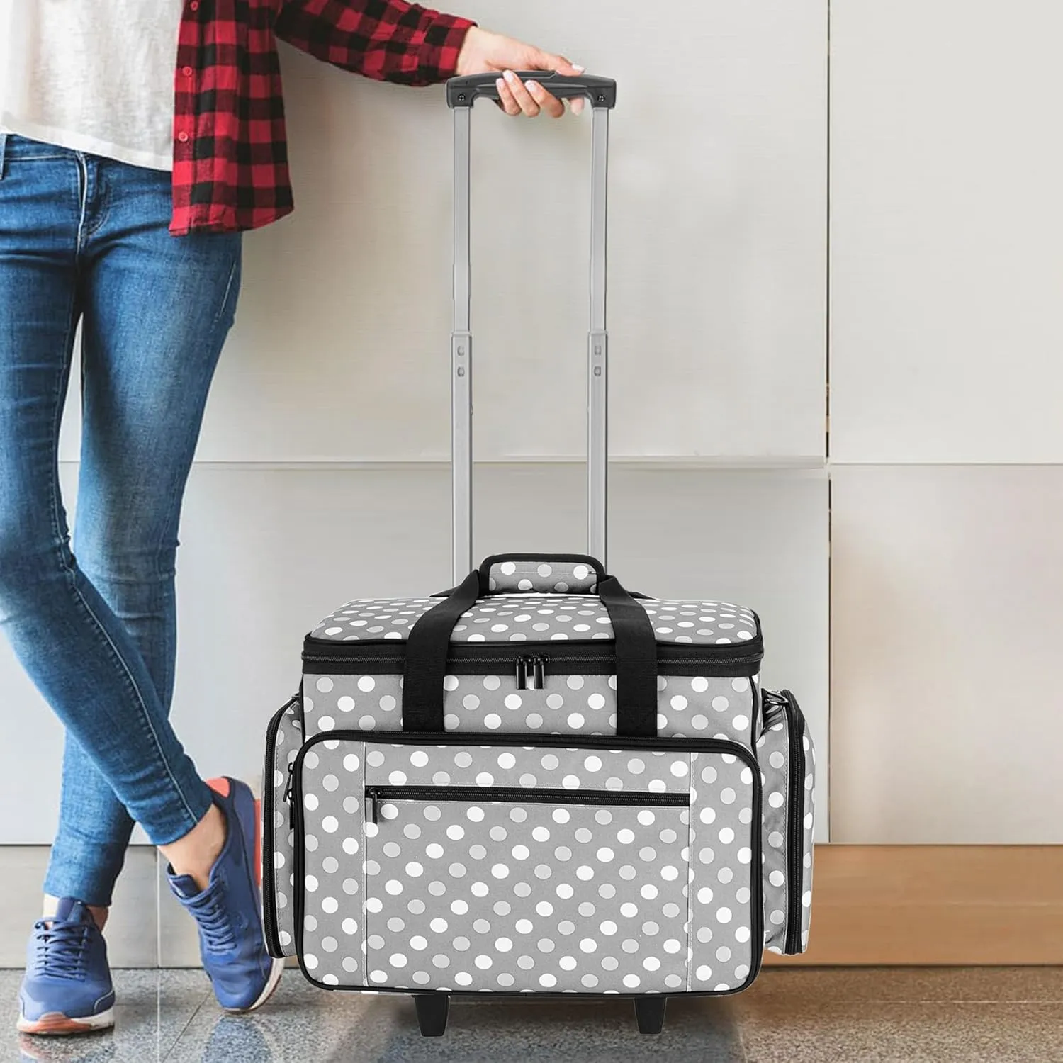 LUXJA Sewing Machine Case with Detachable Dolly, Rolling Sewing Machine Tote with Removable Bottom Pad (Fits for Most Standard Sewing Machines), Gray Dots (Patented Design)