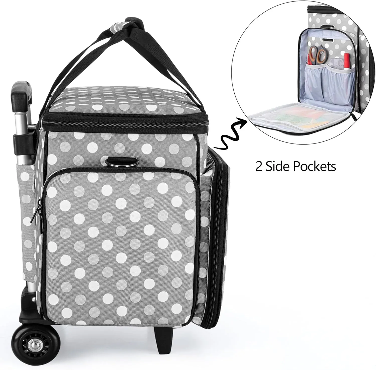 LUXJA Sewing Machine Case with Detachable Dolly, Rolling Sewing Machine Tote with Removable Bottom Pad (Fits for Most Standard Sewing Machines), Gray Dots (Patented Design)
