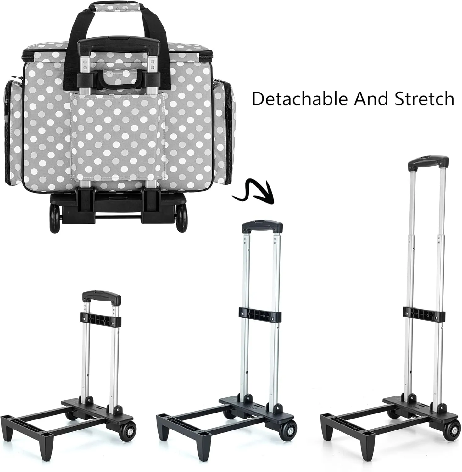 LUXJA Sewing Machine Case with Detachable Dolly, Rolling Sewing Machine Tote with Removable Bottom Pad (Fits for Most Standard Sewing Machines), Gray Dots (Patented Design)