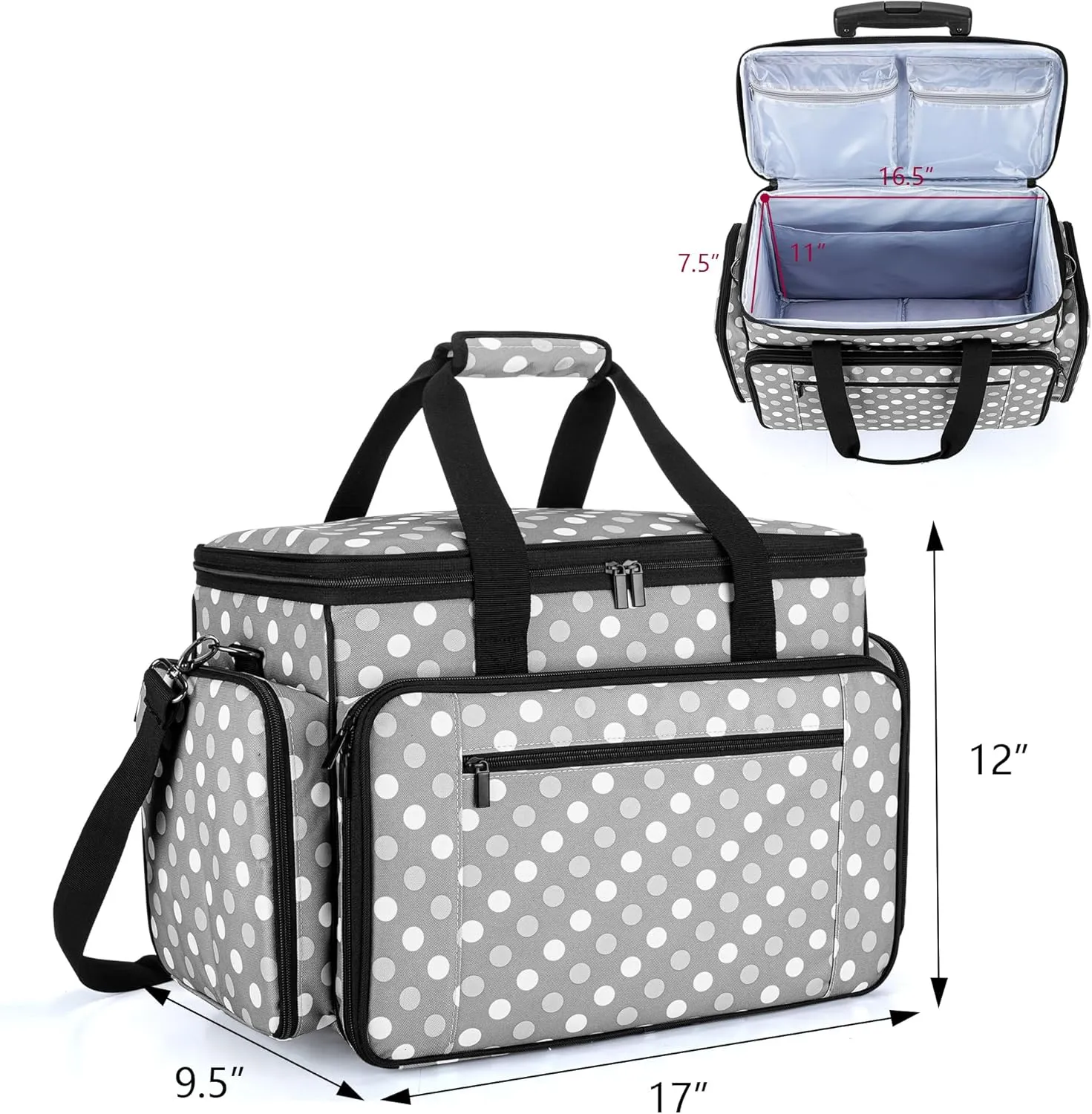 LUXJA Sewing Machine Case with Detachable Dolly, Rolling Sewing Machine Tote with Removable Bottom Pad (Fits for Most Standard Sewing Machines), Gray Dots (Patented Design)