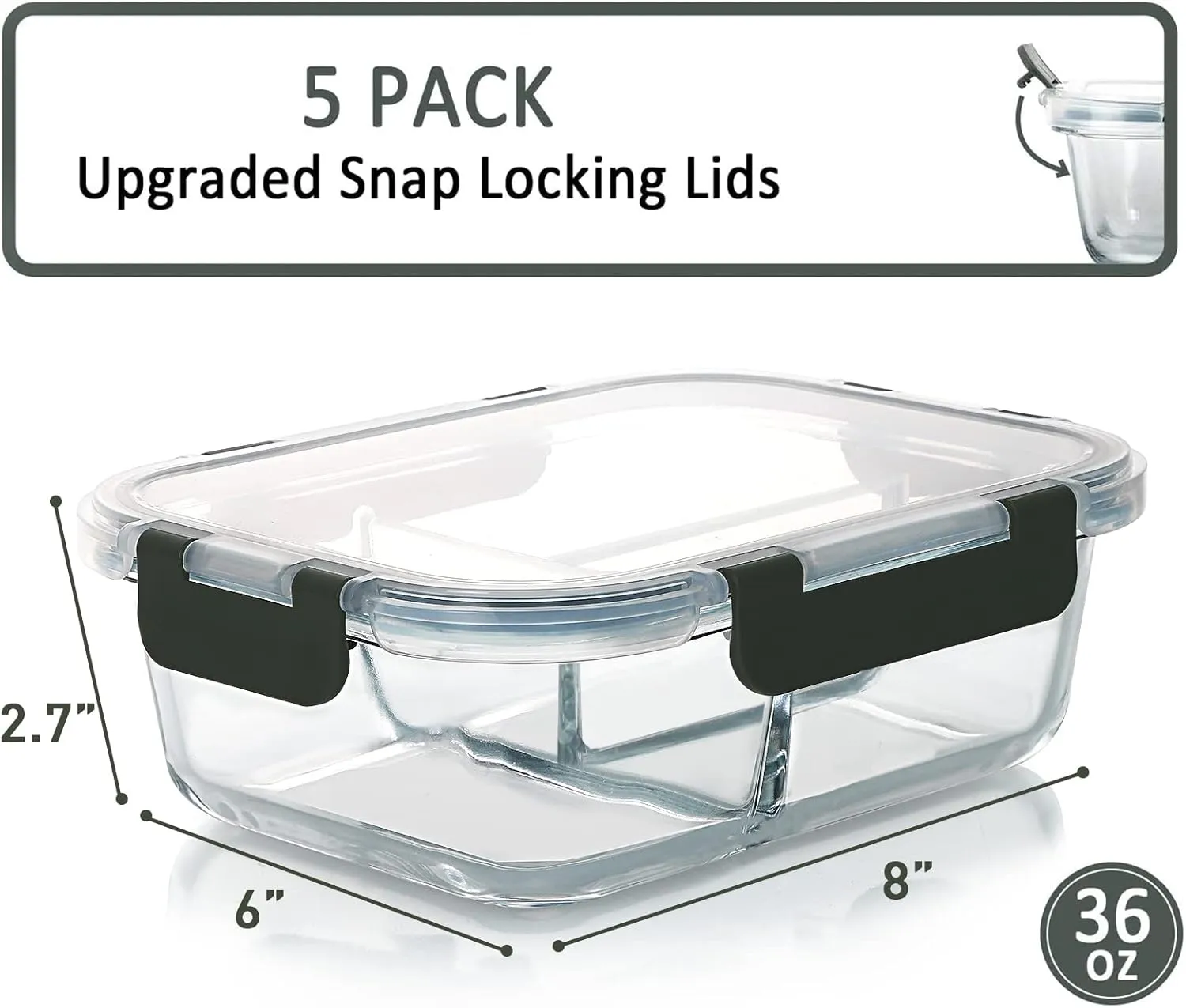 M MCIRCO [5-Pack, 36 oz] Glass Meal Prep Containers 3 Compartment with Lids, Glass Lunch Containers,Food Prep Lunch Box,Bento Box,Microwave, Oven, Freezer, Dishwasher (4.5 Cups)
