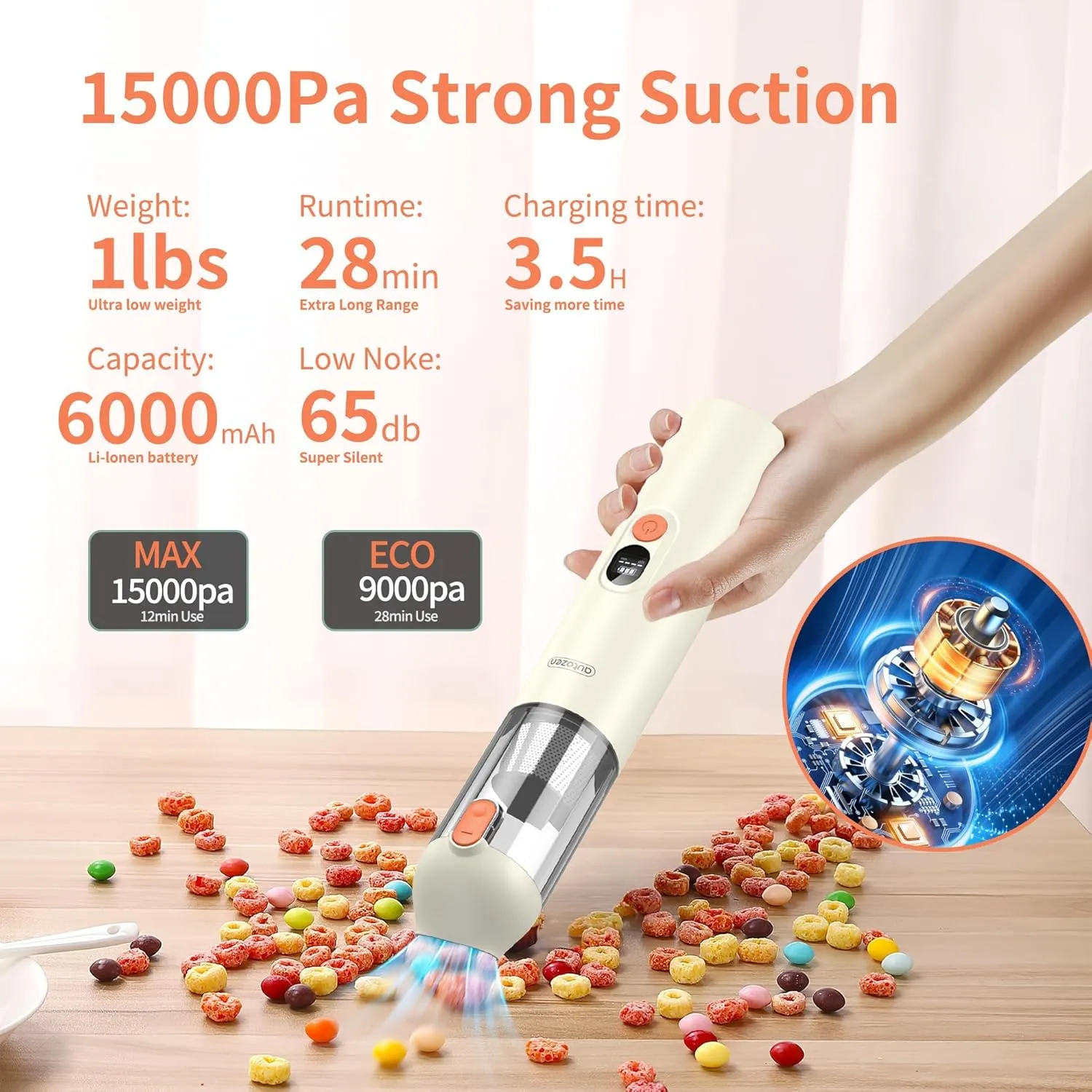 M3 Handheld Vacuum Cordless 15000Pa Powerful Suction, Portable 4-in-1 Car Vacuum Cleaner with LED Display&Light, Multi-Nozzles for Car Interior Home Cleaning, Milk White