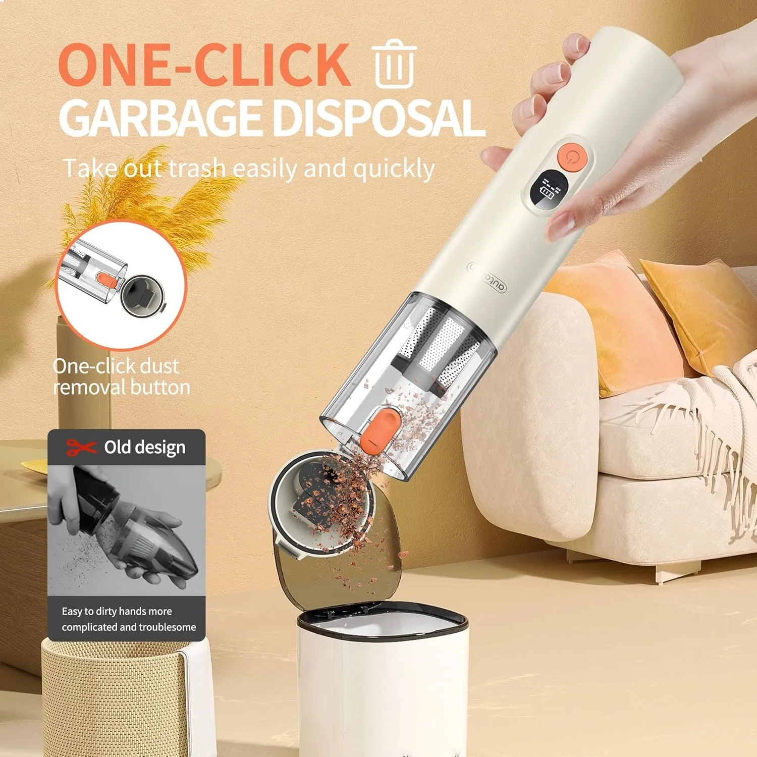 M3 Handheld Vacuum Cordless 15000Pa Powerful Suction, Portable 4-in-1 Car Vacuum Cleaner with LED Display&Light, Multi-Nozzles for Car Interior Home Cleaning, Milk White
