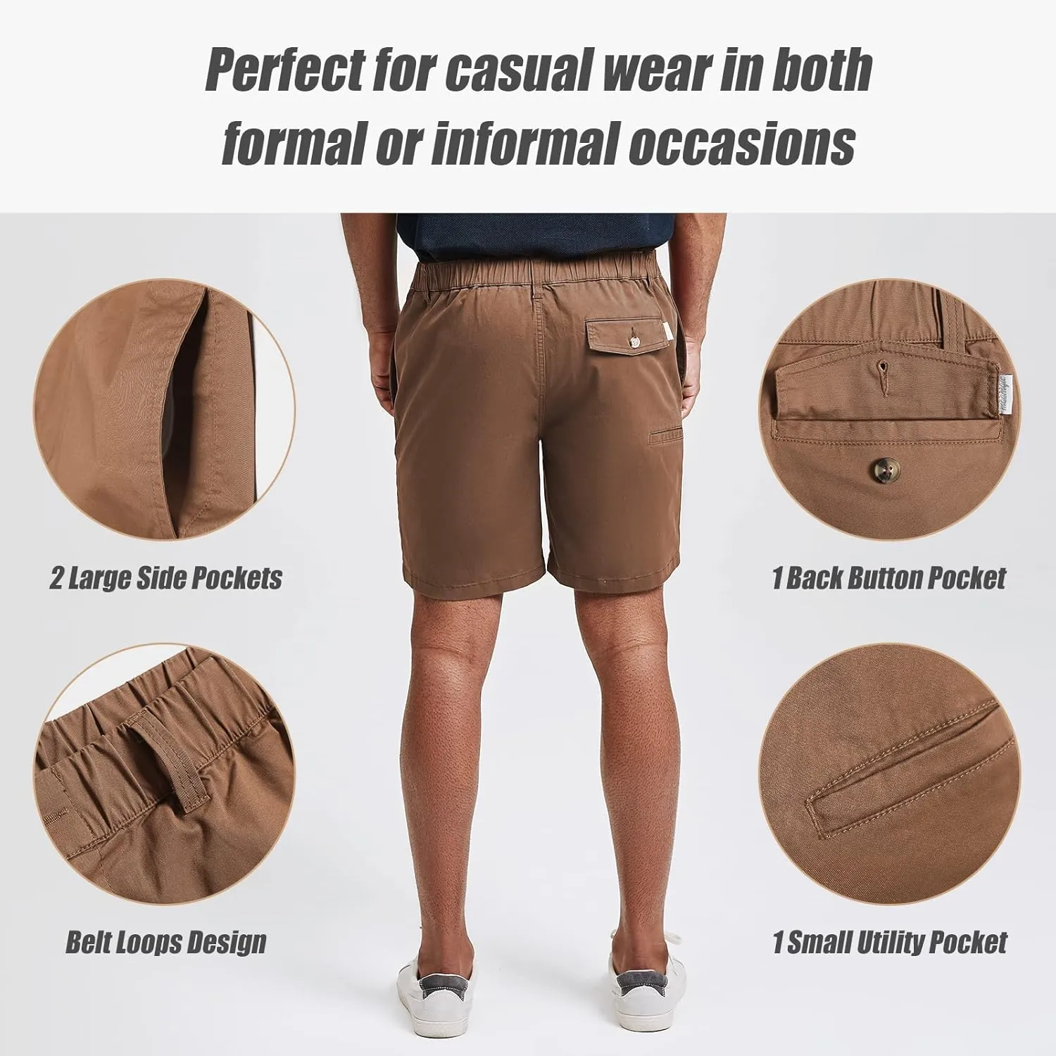 maamgic Men's Classic-fit 7" Cotton Casual Shorts Elastic Waistband with Multi-Pocket Daily Wear Walking Summer Outfit