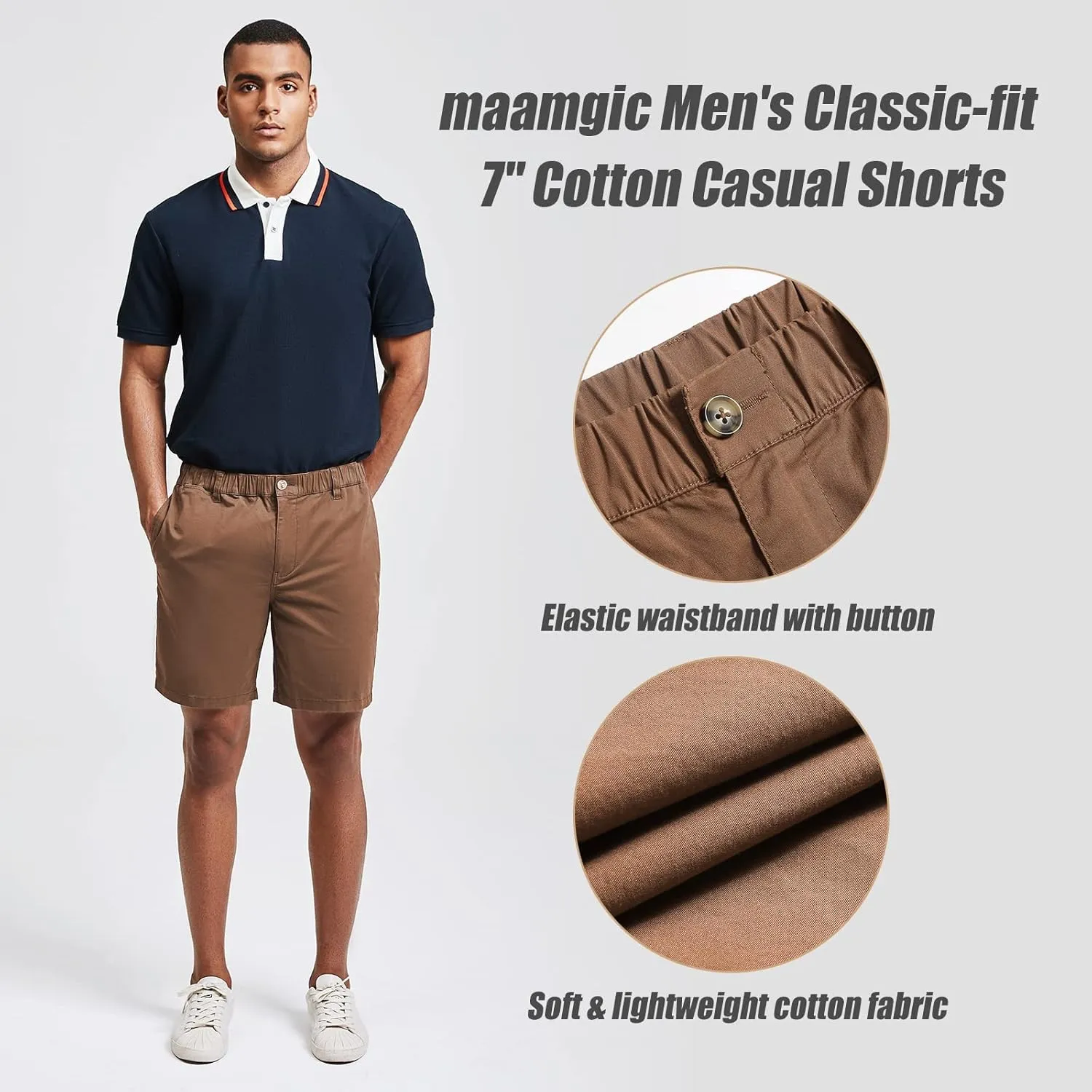 maamgic Men's Classic-fit 7" Cotton Casual Shorts Elastic Waistband with Multi-Pocket Daily Wear Walking Summer Outfit