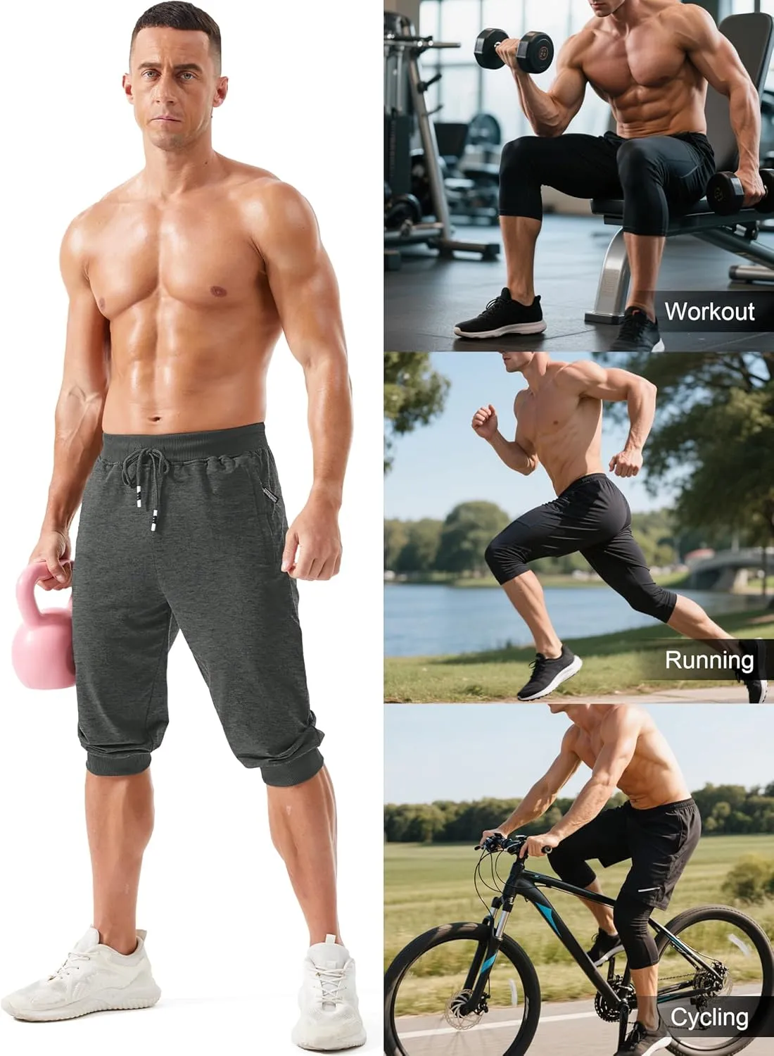 MAGCOMSEN Men's 3/4 Joggers Capri Pants with Zipper Pockets Slim Fit Training Running Workout Capri Joggers