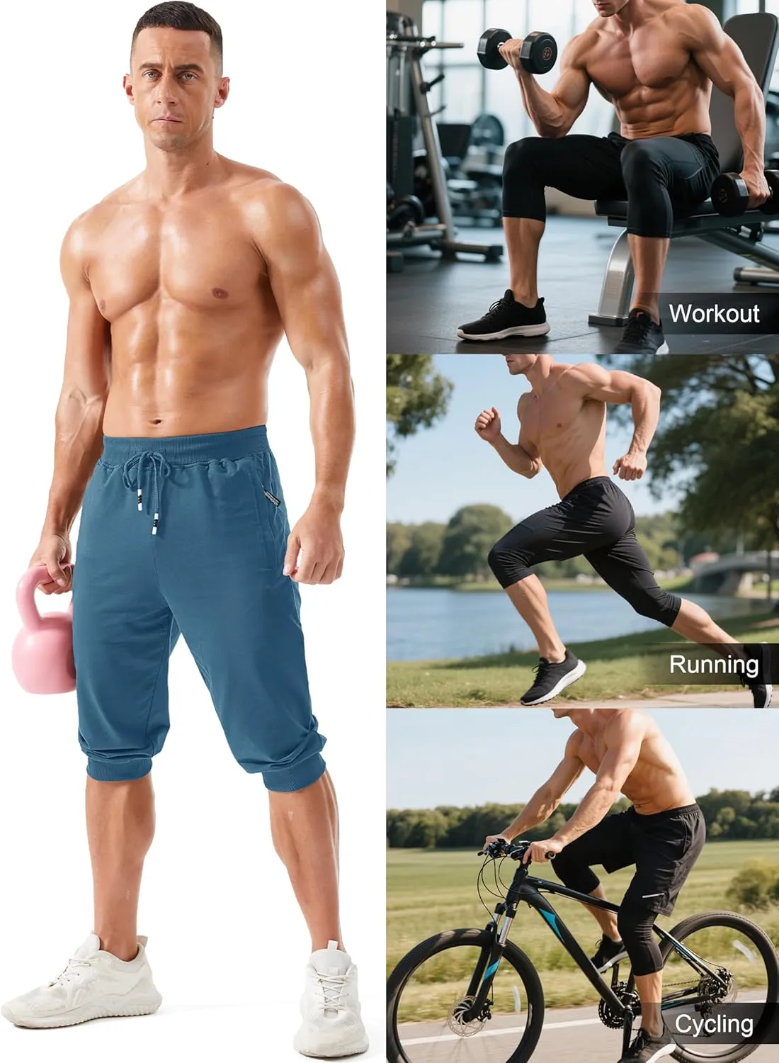 MAGCOMSEN Men's 3/4 Joggers Capri Pants with Zipper Pockets Slim Fit Training Running Workout Capri Joggers