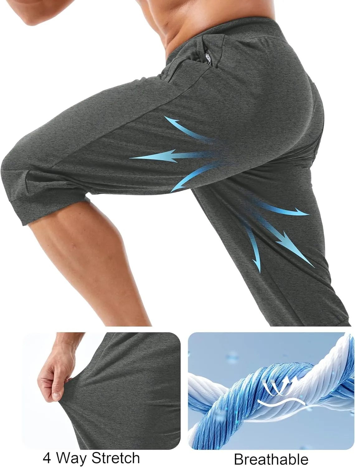 MAGCOMSEN Men's 3/4 Joggers Capri Pants with Zipper Pockets Slim Fit Training Running Workout Capri Joggers