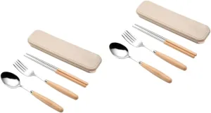 MAGICLULU 6pcs Stainless Steel Cutlery Set with Beech Handle Portable Tableware with Case for Office Travel and Picnics for Noodles Rice and Vegetables