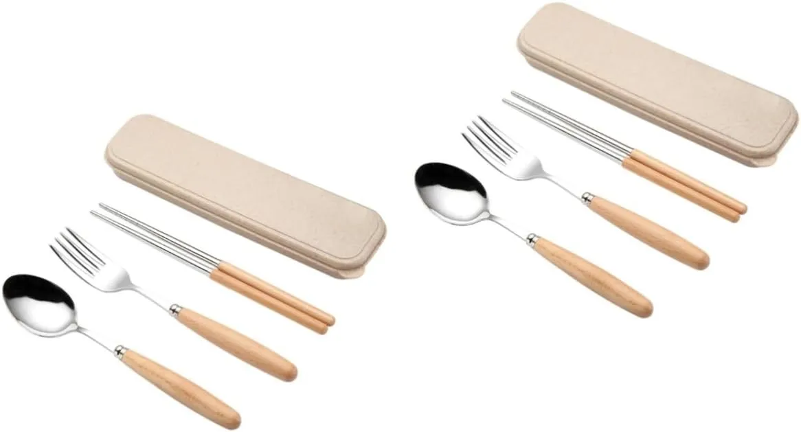 MAGICLULU 6pcs Stainless Steel Cutlery Set with Beech Handle Portable Tableware with Case for Office Travel and Picnics for Noodles Rice and Vegetables