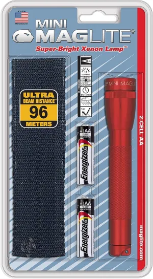 Maglite Mini Incandescent 2-Cell AA Flashlight with Holster, Red