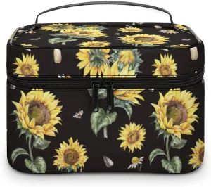 Makeup Bag Cosmetic Case Organizer, Farmhouse Sunflowers Black Vintage Makeup Bag Portable Synthetic Leather Makeup Case Storage Toiletry Bag with Handle for Women Girls