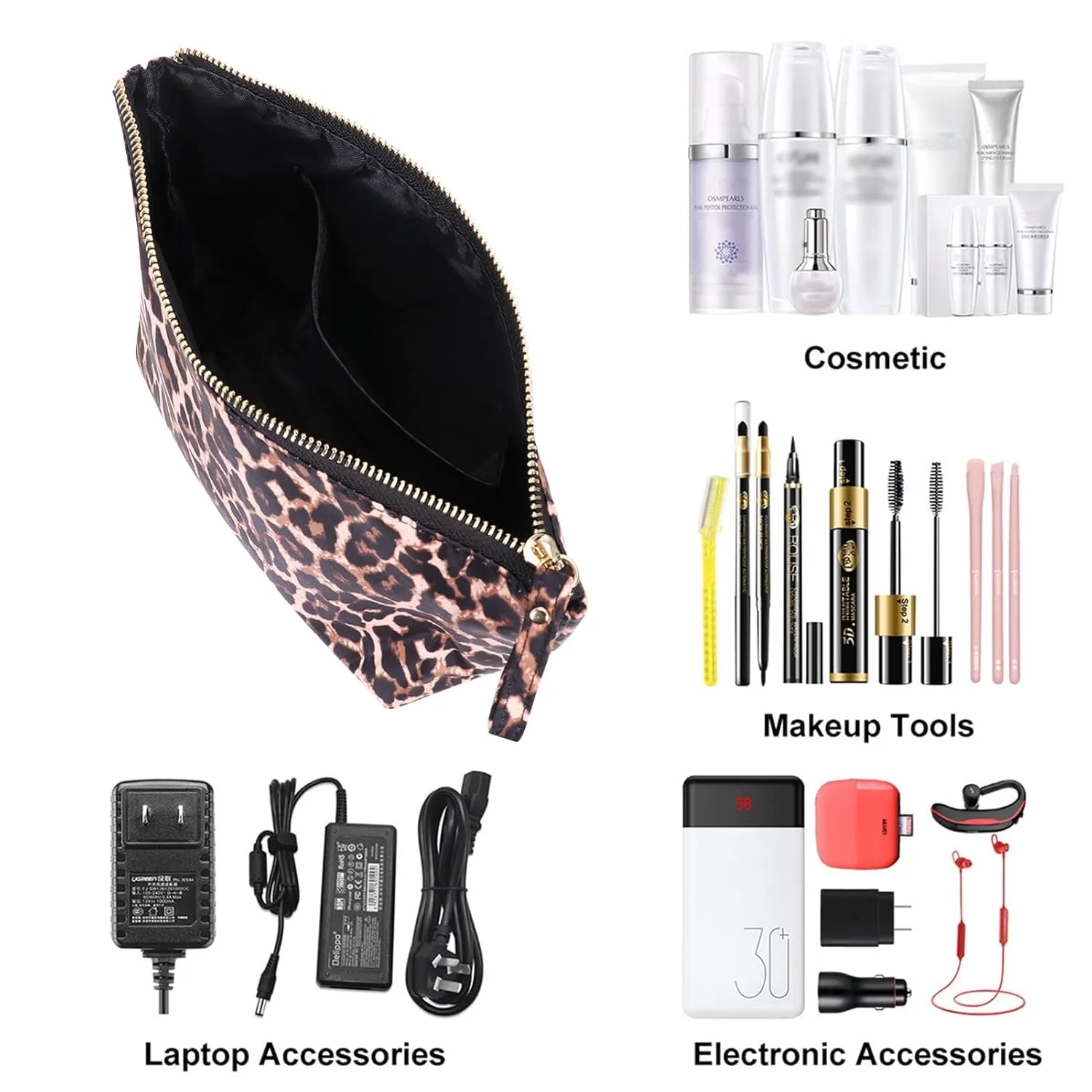Makeup Bags for Purse Zipper Cosmetic Pouch Large Travel Make Up Organizer Tool Pouch for Women, Leopard