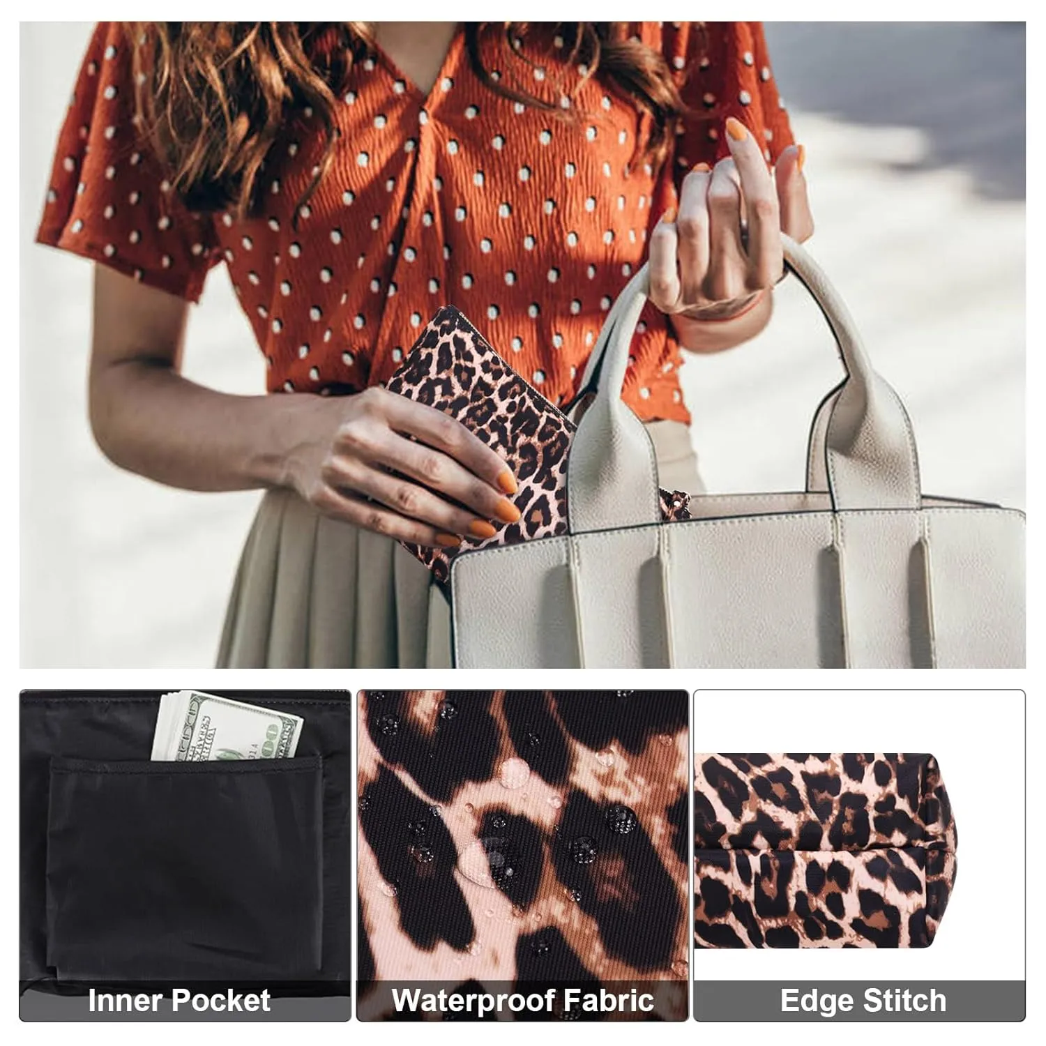 Makeup Bags for Purse Zipper Cosmetic Pouch Large Travel Make Up Organizer Tool Pouch for Women, Leopard