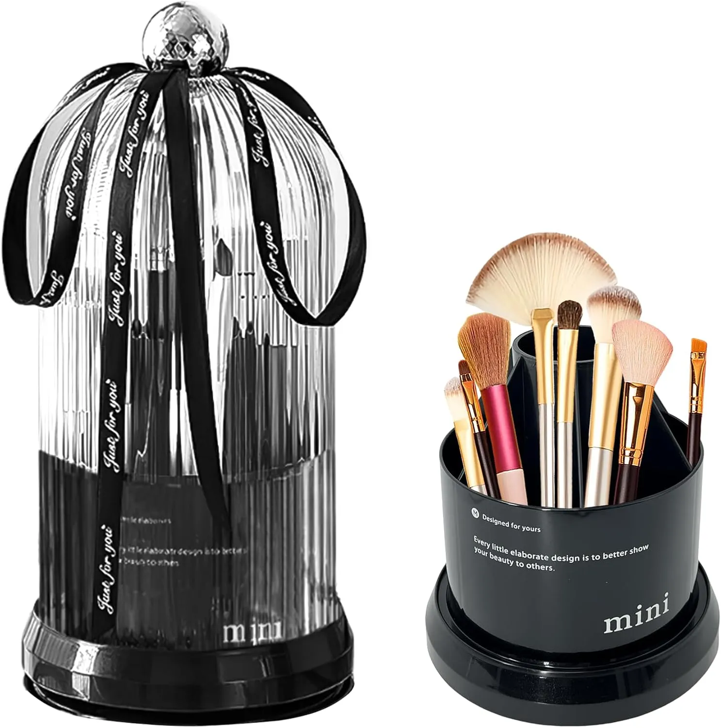 Makeup Brush Holder with Lid, 360° Rotating Multifunction Clear Dustproof Skincare Cosmetic Tools Storage Organizer for Vanity Desktop Bathroom Countertop (Black)