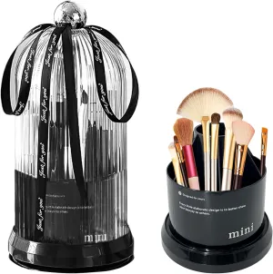 Makeup Brush Holder with Lid, 360° Rotating Multifunction Clear Dustproof Skincare Cosmetic Tools Storage Organizer for Vanity Desktop Bathroom Countertop (Black)