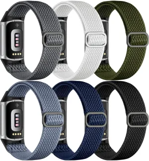 Maledan Compatible with Fitbit Charge 5 Bands/Fitbit Charge 6 Bands Men Women, Soft Adjustable Elastic Nylon Waven Strap Replacement Band for Fitbit Charge 6/Fitbit Charge 5 Fitness Tracker, 6 Pack