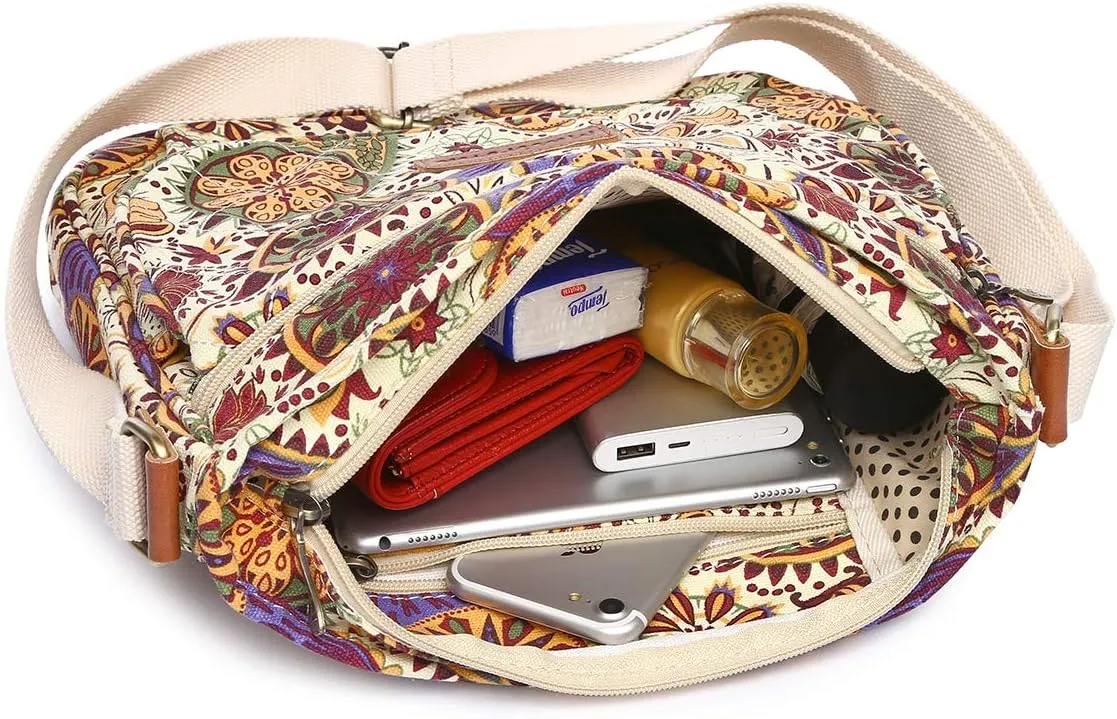 Malirona Women 's Durable Floral Crossbody Bag Canvas Messenger Handbag Multi Pocket Travel Satchel Purse