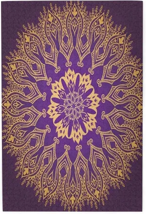 Mandala Theme,Puzzle Board,Portable Wooden Jigsaw Puzzle for Adults,Round Bohemian Motif Leaves,Birthday Gift for Family and Friends,Purple Plastic Box Storage 1000PCS