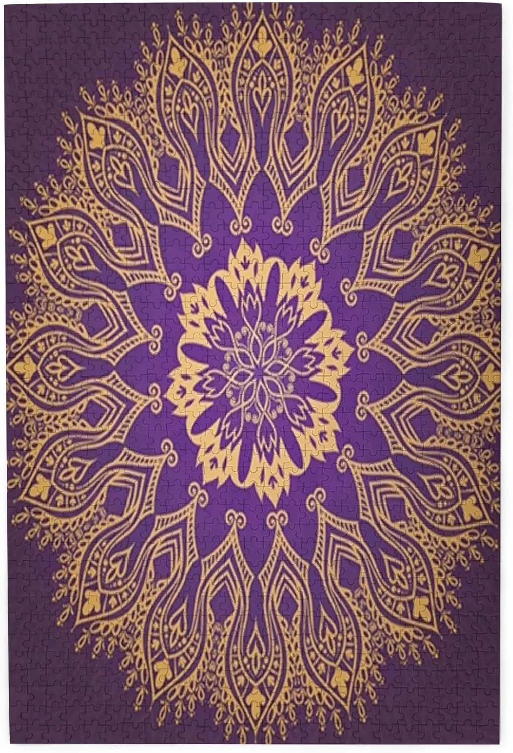 Mandala Theme,Puzzle Board,Portable Wooden Jigsaw Puzzle for Adults,Round Bohemian Motif Leaves,Birthday Gift for Family and Friends,Purple Plastic Box Storage 1000PCS