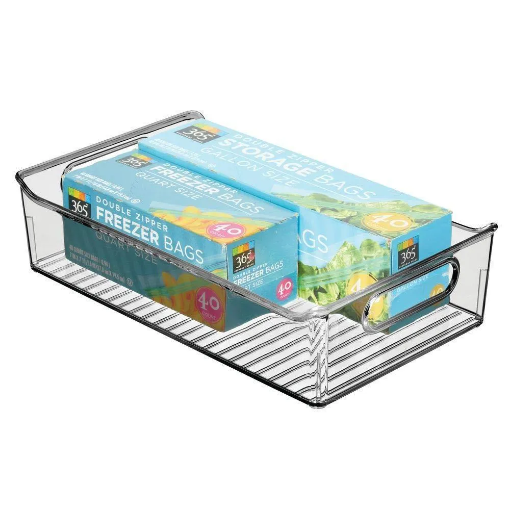 mDesign Wide Plastic Kitchen Pantry Cabinet, Refrigerator or Freezer Food Storage Bin with Handles - Organizer for Fruit, Yogurt, Snacks, Pasta - BPA Free, 14" Long, 4 Pack - Smoke Gray
