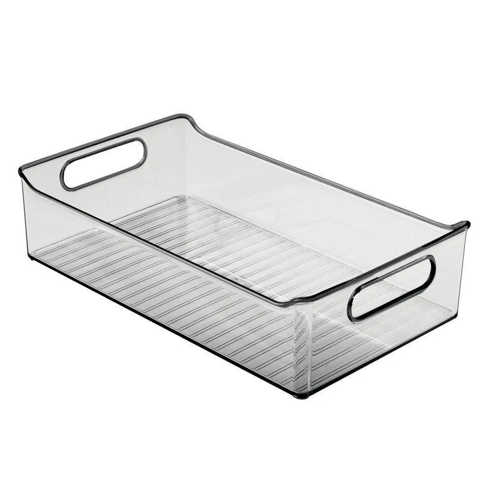mDesign Wide Plastic Kitchen Pantry Cabinet, Refrigerator or Freezer Food Storage Bin with Handles - Organizer for Fruit, Yogurt, Snacks, Pasta - BPA Free, 14" Long, 4 Pack - Smoke Gray