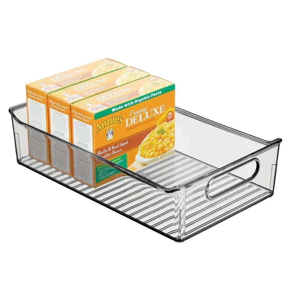 mDesign Wide Plastic Kitchen Pantry Cabinet, Refrigerator or Freezer Food Storage Bin with Handles - Organizer for Fruit, Yogurt, Snacks, Pasta - BPA Free, 14" Long, 4 Pack - Smoke Gray