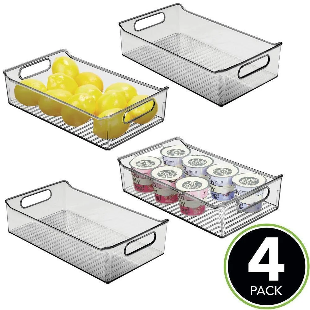 mDesign Wide Plastic Kitchen Pantry Cabinet, Refrigerator or Freezer Food Storage Bin with Handles - Organizer for Fruit, Yogurt, Snacks, Pasta - BPA Free, 14" Long, 4 Pack - Smoke Gray