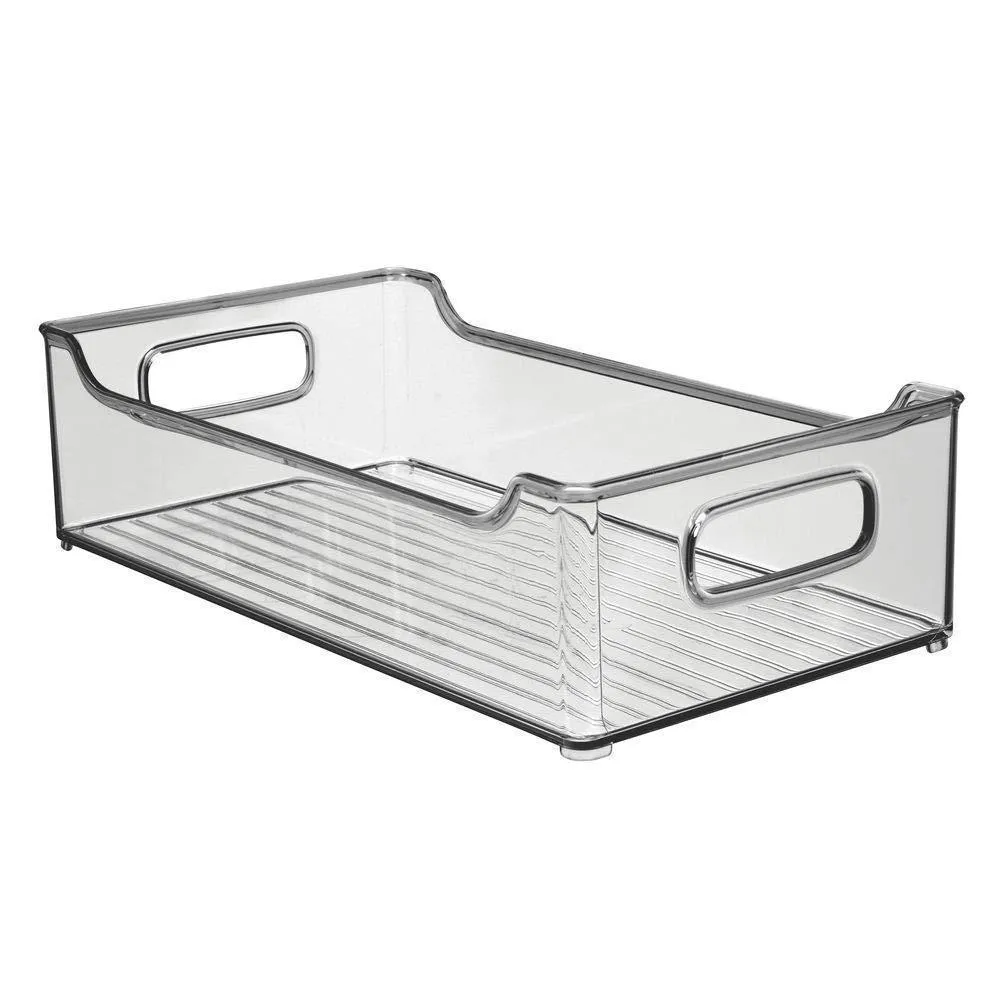 mDesign Wide Stackable Plastic Kitchen Pantry Cabinet, Refrigerator or Freezer Food Storage Bin with Handles - Organizer for Fruit, Yogurt, Snacks, Pasta - BPA Free, 14.5" Long, 4 Pack - Smoke Gray
