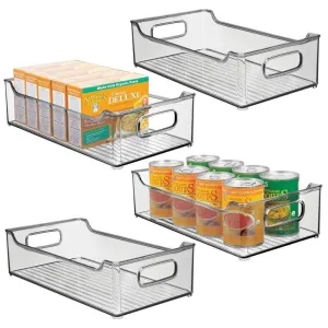 mDesign Wide Stackable Plastic Kitchen Pantry Cabinet, Refrigerator or Freezer Food Storage Bin with Handles - Organizer for Fruit, Yogurt, Snacks, Pasta - BPA Free, 14.5" Long, 4 Pack - Smoke Gray