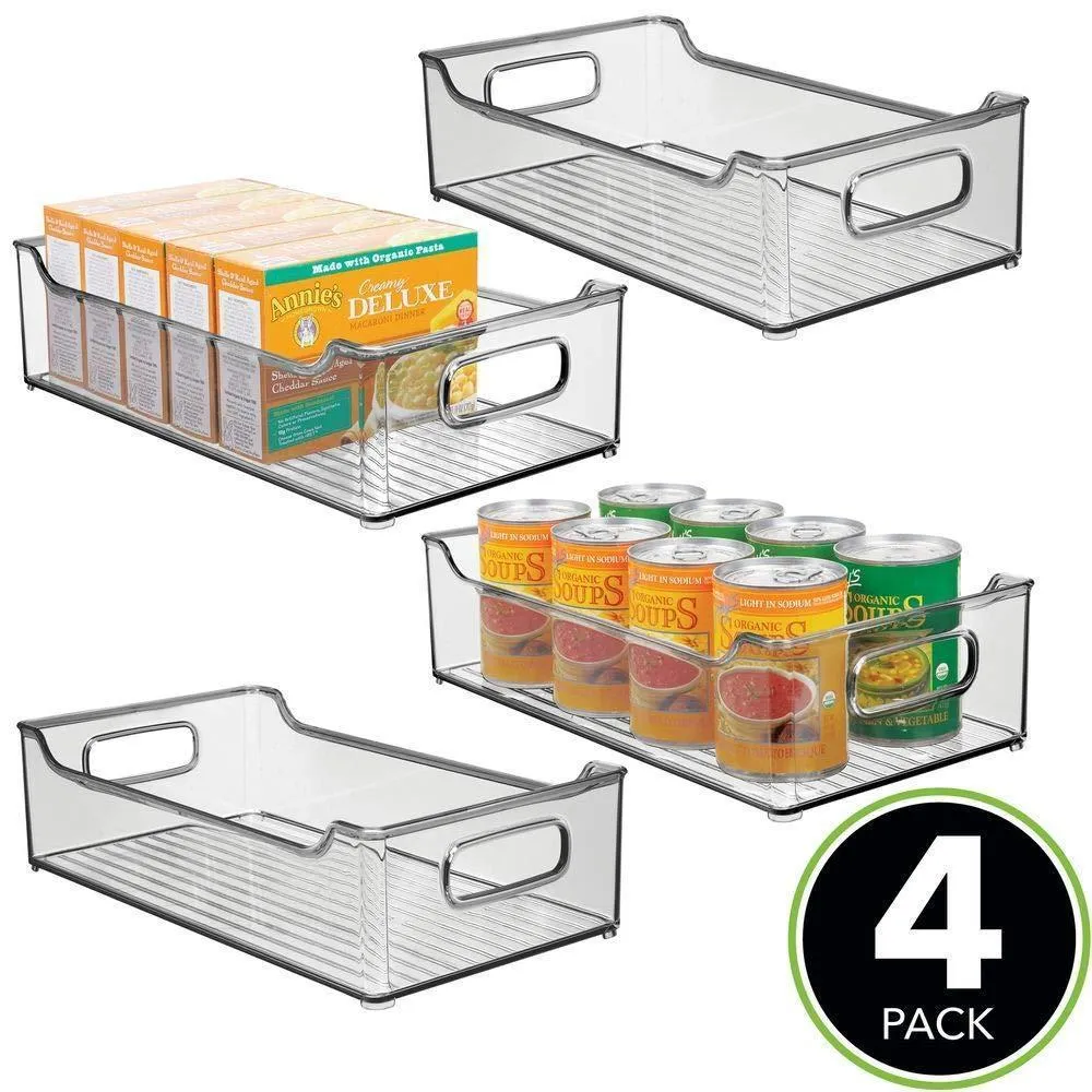mDesign Wide Stackable Plastic Kitchen Pantry Cabinet, Refrigerator or Freezer Food Storage Bin with Handles - Organizer for Fruit, Yogurt, Snacks, Pasta - BPA Free, 14.5" Long, 4 Pack - Smoke Gray