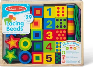 Melissa & Doug Deluxe Wooden Lacing Beads - Educational Activity With 27 Beads and 2 Laces For Toddlers, Fine Motor Skills Lacing Toys For Toddlers And Kids Ages 3 