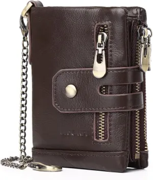 Men Wallet with Chain Genuine Leather Purse RFID Blocking Bifold Double Zipper Coin Pocket with Anti-Theft Chain Card Holder Purse ID Window Coffee