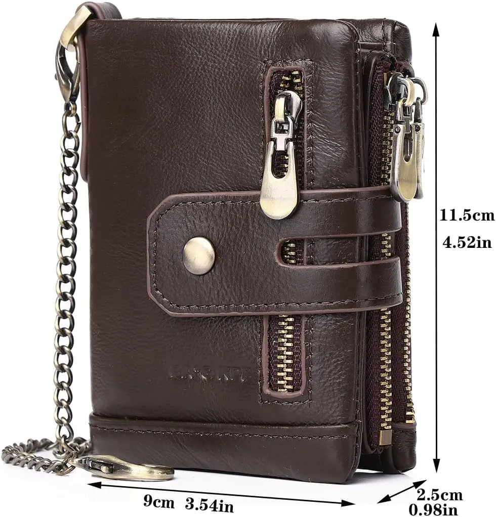 Men Wallet with Chain Genuine Leather Purse RFID Blocking Bifold Double Zipper Coin Pocket with Anti-Theft Chain Card Holder Purse ID Window Coffee