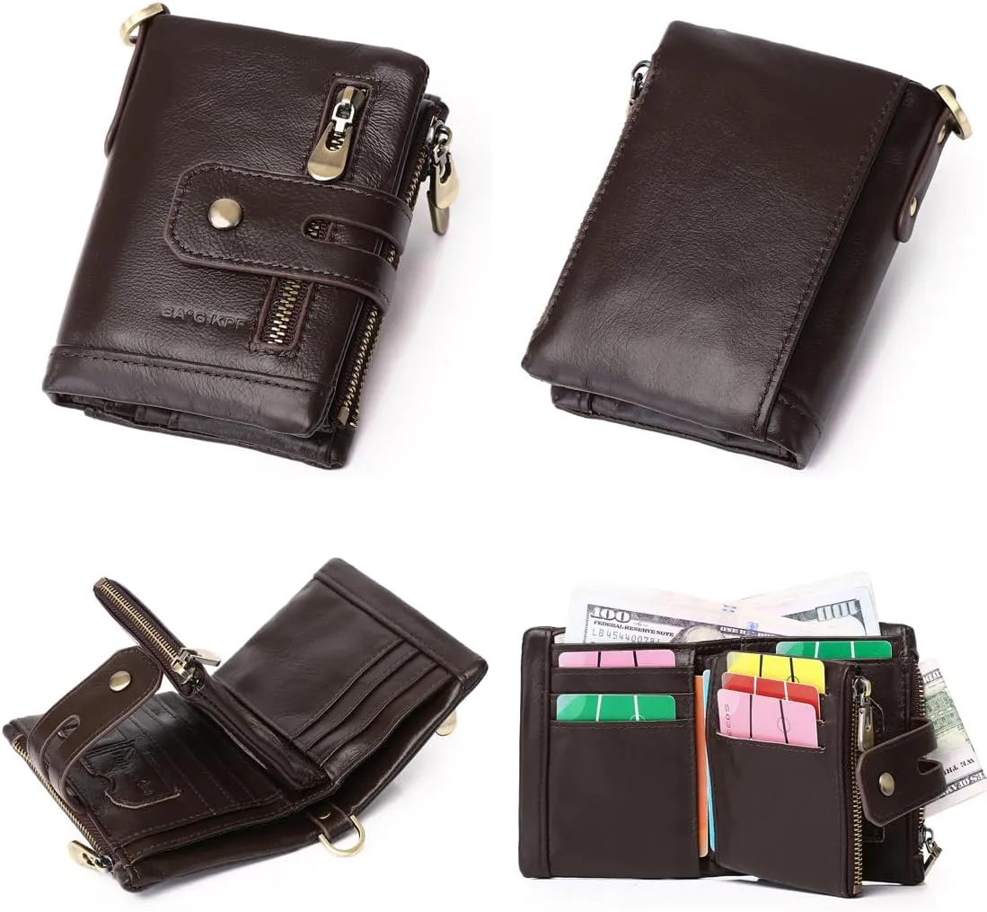 Men Wallet with Chain Genuine Leather Purse RFID Blocking Bifold Double Zipper Coin Pocket with Anti-Theft Chain Card Holder Purse ID Window Coffee