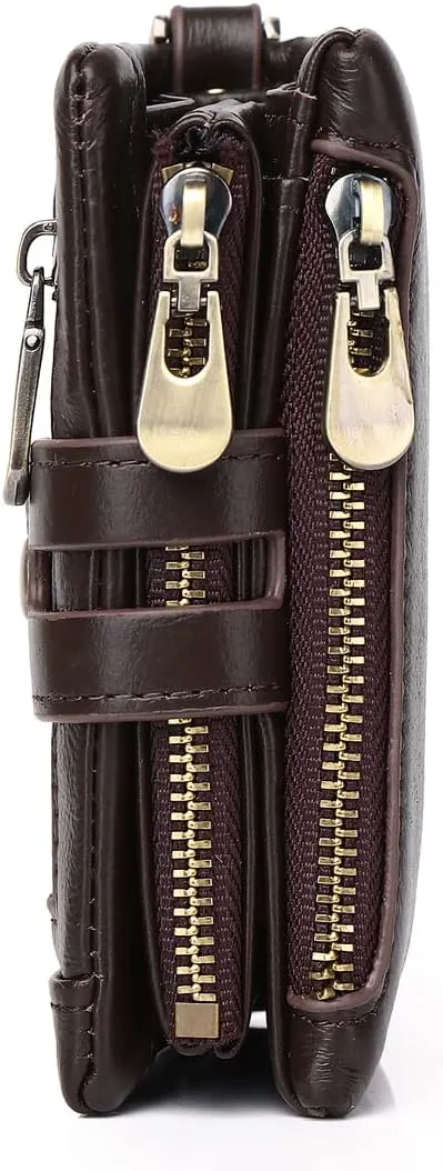 Men Wallet with Chain Genuine Leather Purse RFID Blocking Bifold Double Zipper Coin Pocket with Anti-Theft Chain Card Holder Purse ID Window Coffee