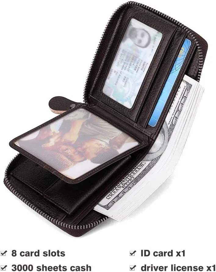 Mens Genuine Leather Zipper Wallet RFID Secure Large Capacity Double Fold Multi-card Leather Wallets for Men and coin purse