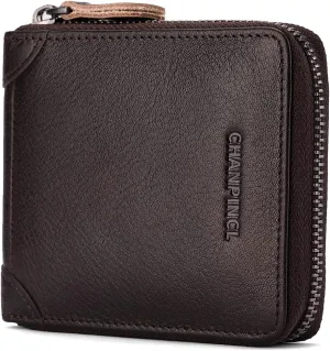 Mens Genuine Leather Zipper Wallet RFID Secure Large Capacity Double Fold Multi-card Leather Wallets for Men and coin purse