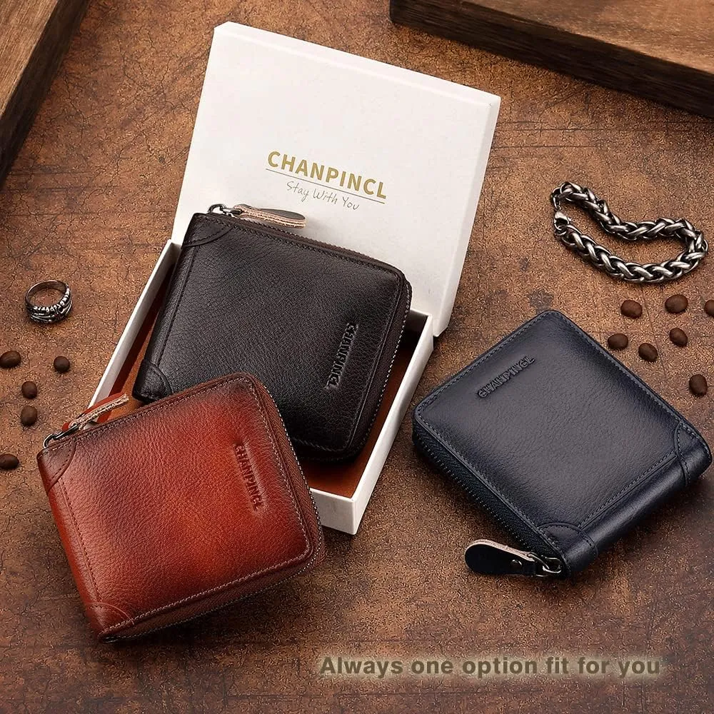 Mens Genuine Leather Zipper Wallet RFID Secure Large Capacity Double Fold Multi-card Leather Wallets for Men and coin purse