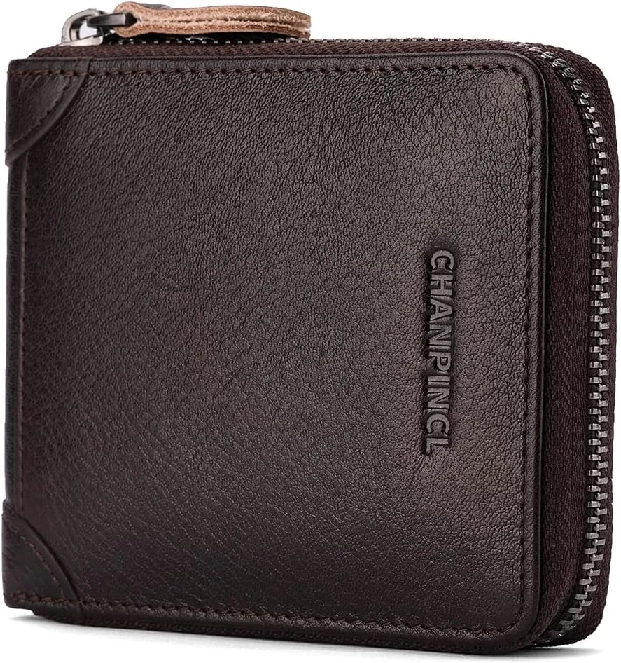 Mens Genuine Leather Zipper Wallet RFID Secure Large Capacity Double Fold Multi-card Leather Wallets for Men and coin purse