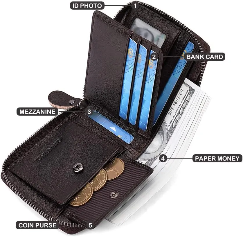 Mens Genuine Leather Zipper Wallet RFID Secure Large Capacity Double Fold Multi-card Leather Wallets for Men and coin purse