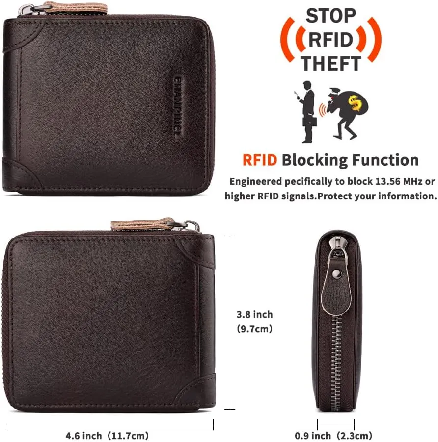 Mens Genuine Leather Zipper Wallet RFID Secure Large Capacity Double Fold Multi-card Leather Wallets for Men and coin purse