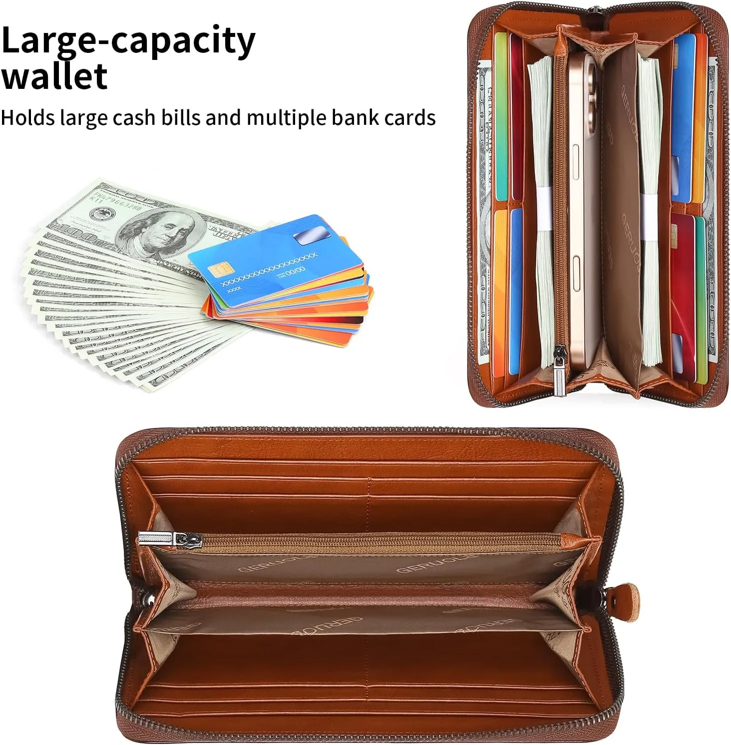 Men's Genuine Leather Zipper Wallet with RFID Blocking, Phone Pocket，Long Zipper Pouch Wallet, Large Clutch Cash Long Wallet with Zipper，Leather Wallets for Men for Checkbook, phone, Cash